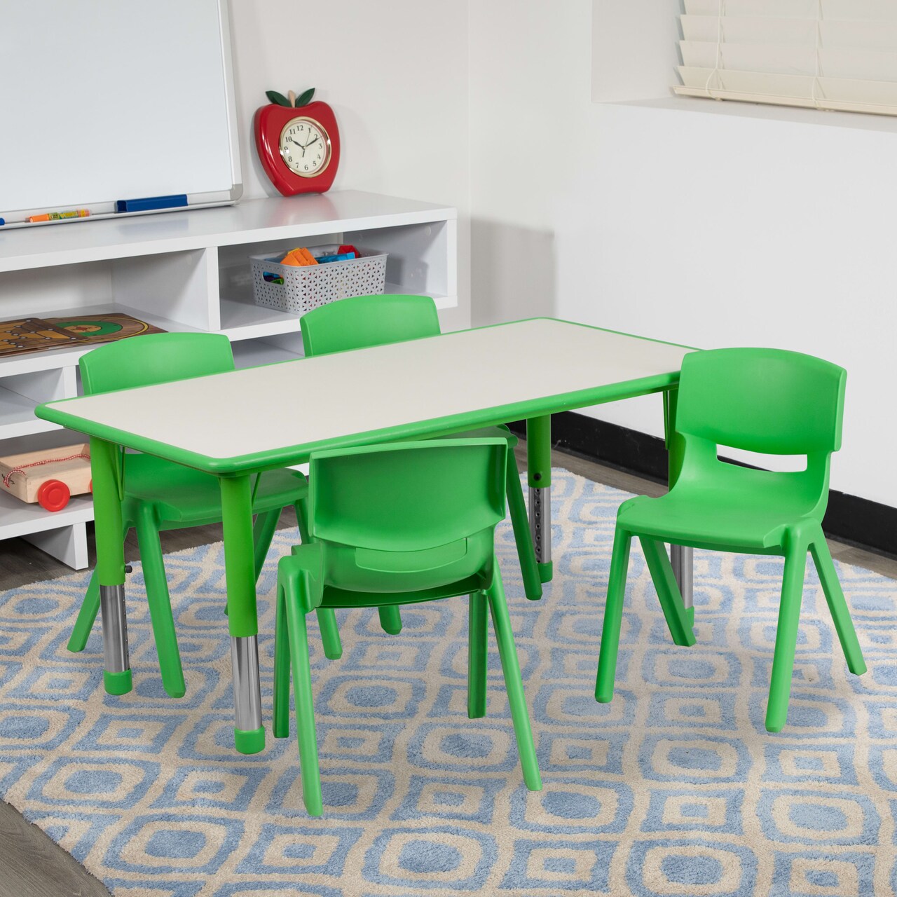 Emma and Oliver 23.625"W x 47.25"L Rectangular Plastic Height Adjustable Activity Table Set with 4 Chairs